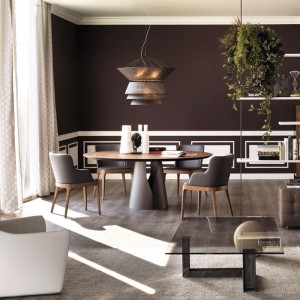 Pohjoismatila säästävä teräsjalusta pähkinä massiivipuuta pyöreä ruokapöytäsarja 6 -paikkainen